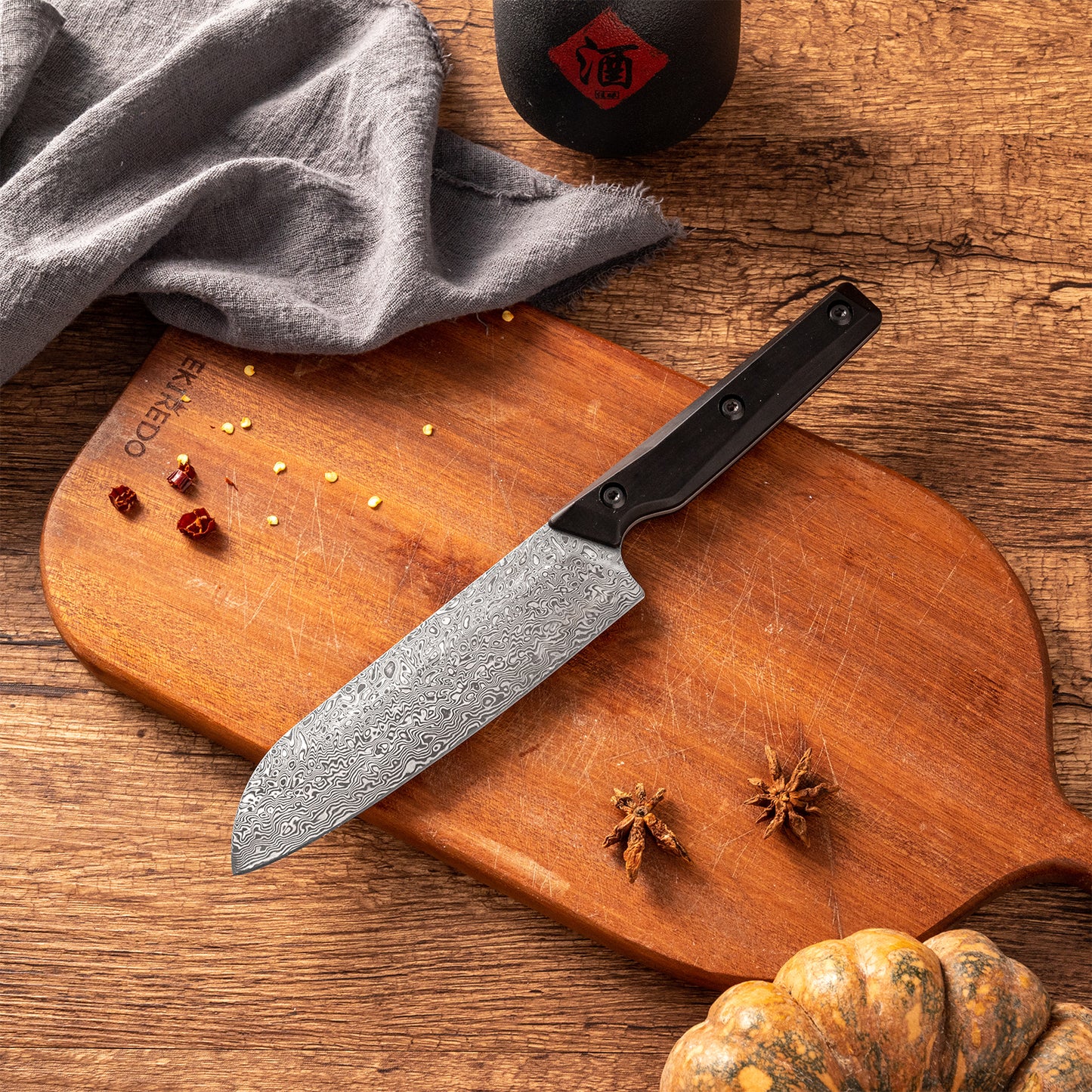 OEM DK-QRDF Series Ebony Wood Handle Coreless Damascus VG10 Steel 6" Santoku Knife