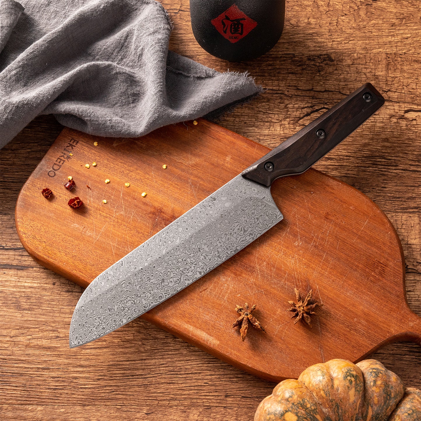 OEM DK-QRDF Series Ebony Wood Handle Coreless Damascus VG10 Steel 7" Santoku Knife