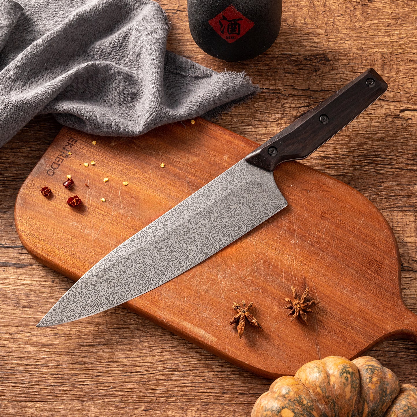 OEM DK-QRDF Series Ebony Wood Handle Coreless Damascus VG10 Steel 8''Kitchen Knife