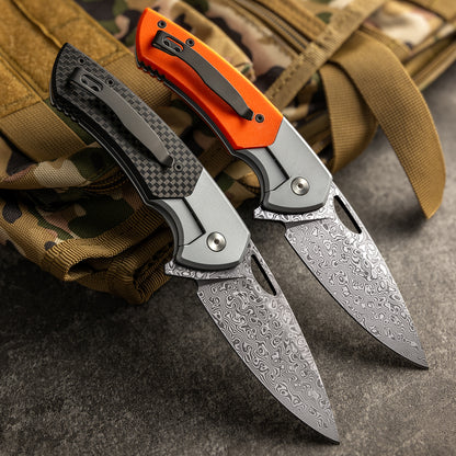 YINGLUN Series Frame Lock Carbon Fiber with Titanium Alloy Handle Damascus VG10 Steel 224mm Outdoor Knife