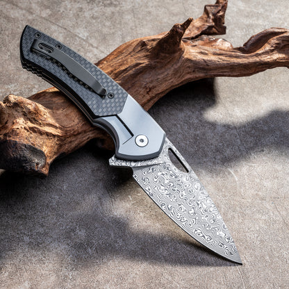 YINGLUN Series Frame Lock Carbon Fiber with Titanium Alloy Handle Damascus VG10 Steel 224mm Outdoor Knife
