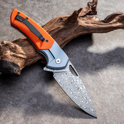 YINGLUN Series Frame Lock Carbon Fiber with Titanium Alloy Handle Damascus VG10 Steel 224mm Outdoor Knife