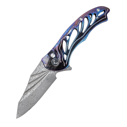 WUDIE Series Button Lock Titanium Alloy Handle Damascus VG10 Steel 197mm Outdoor Knife