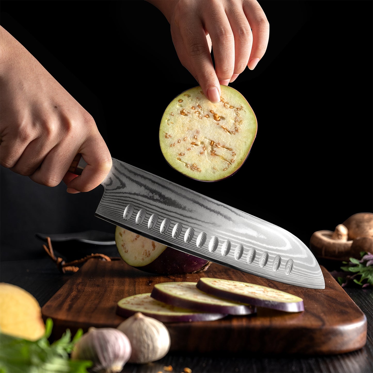 OEM DK-BD Series Olive Wood Handle Damascus AUS10 Steel 8'' Santoku Knife
