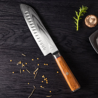 OEM DK-BD Series Olive Wood Handle Damascus AUS10 Steel 8'' Santoku Knife