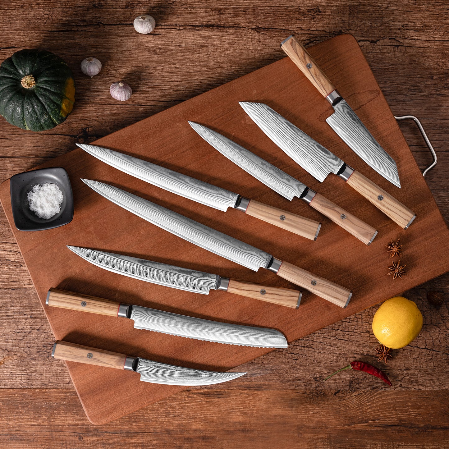 OEM DK-BD Series Olive Wood Handle Damascus AUS10 Steel Knife Set
