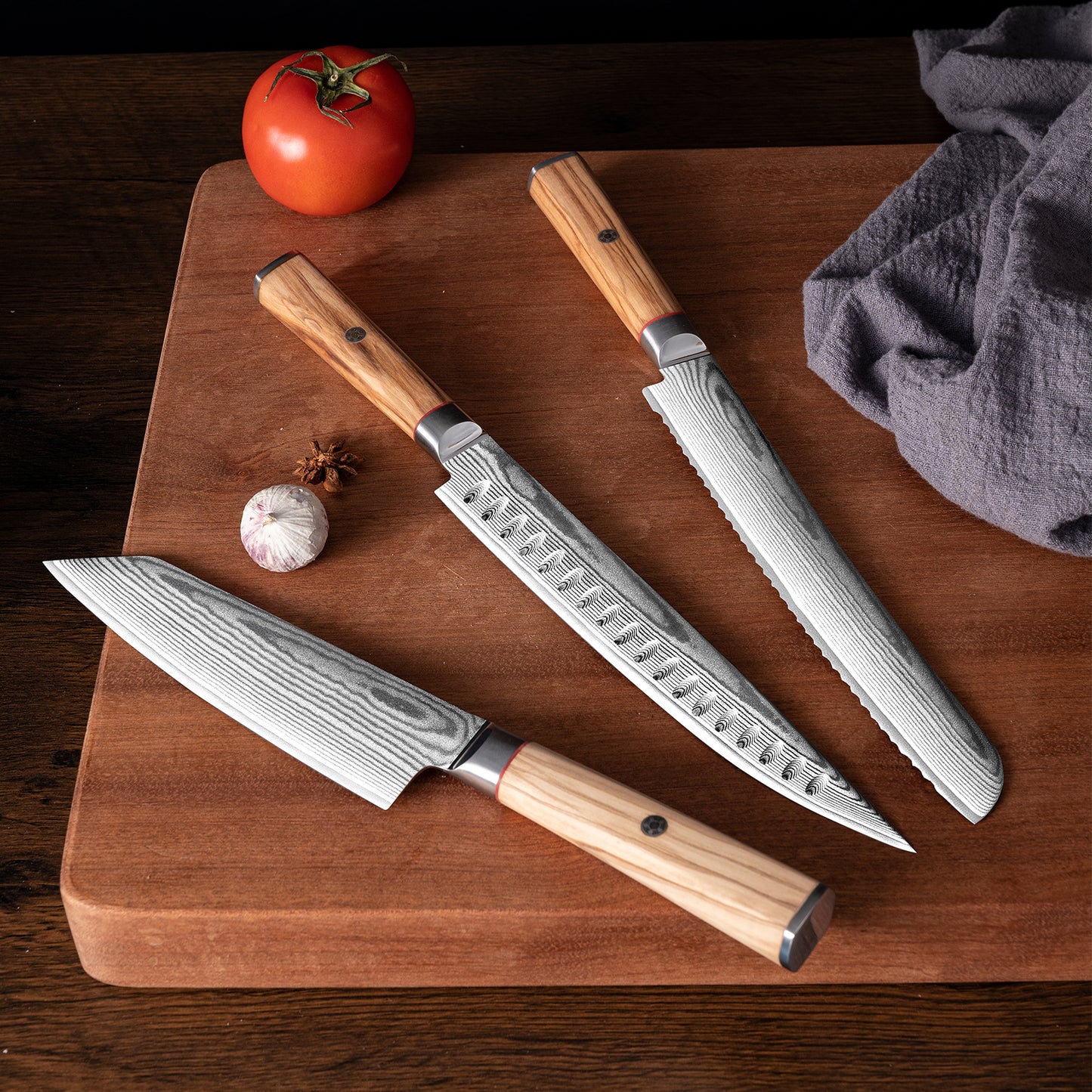 OEM DK-BD Series Olive Wood Handle Damascus AUS10 Steel Knife Set