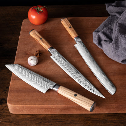 OEM DK-BD Series Olive Wood Handle Damascus AUS10 Steel Knife Set