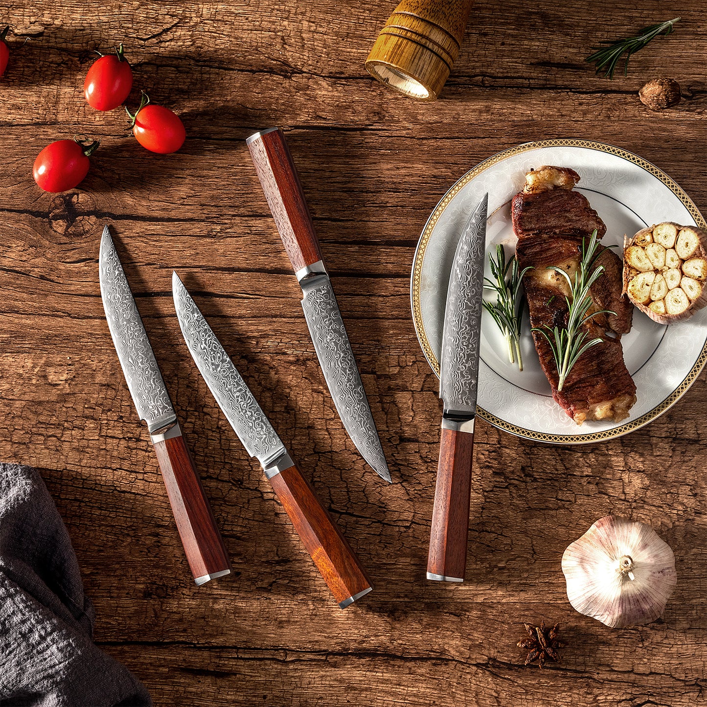 OEM DK-LF Series Rosewood Handle Damascus VG10 Steel 5''Steak Knife Set