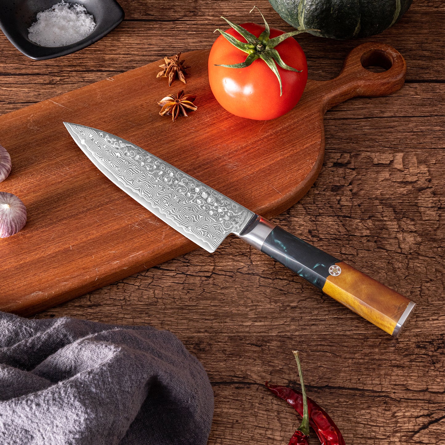 OEM DK-VF Series Resin with Stabilized Wood Handle Damascus VG10 Steel 6" Chef Knife