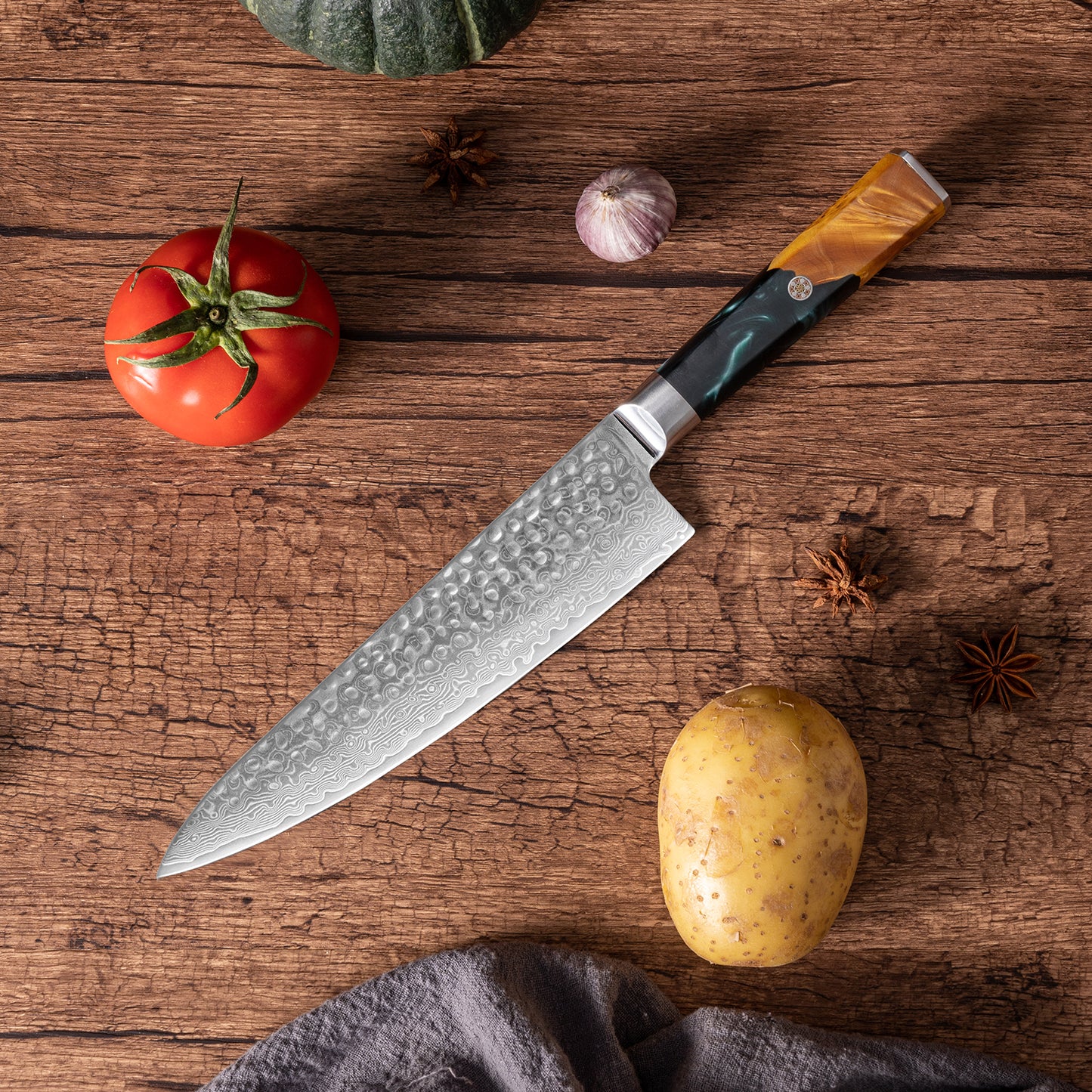 OEM DK-VF Series Resin with Stabilized Wood Handle Damascus VG10 Steel 8" Chef Knife