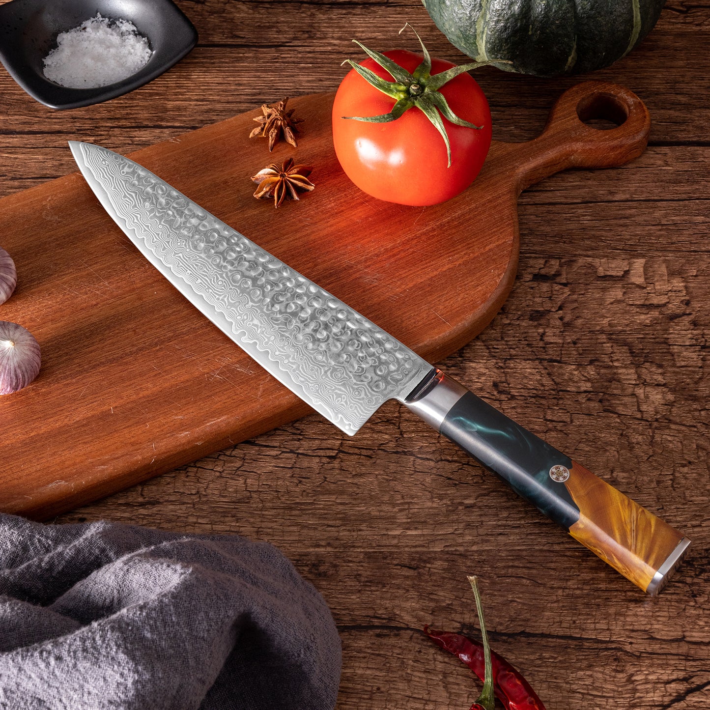 OEM DK-VF Series Resin with Stabilized Wood Handle Damascus VG10 Steel 8" Chef Knife
