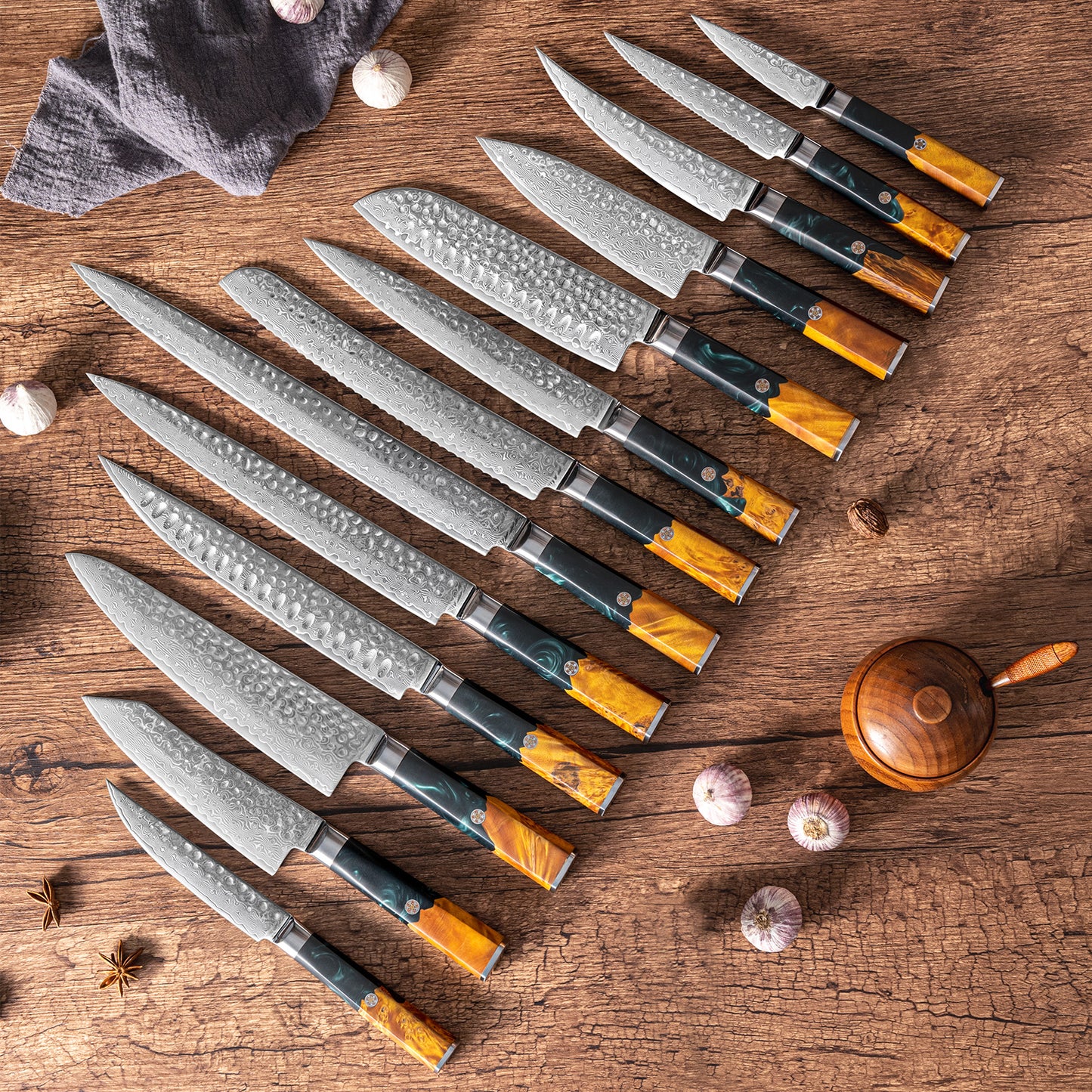 OEM DK-VF Series Resin with Stabilized Wood Handle Damascus VG10 Steel Knife Set