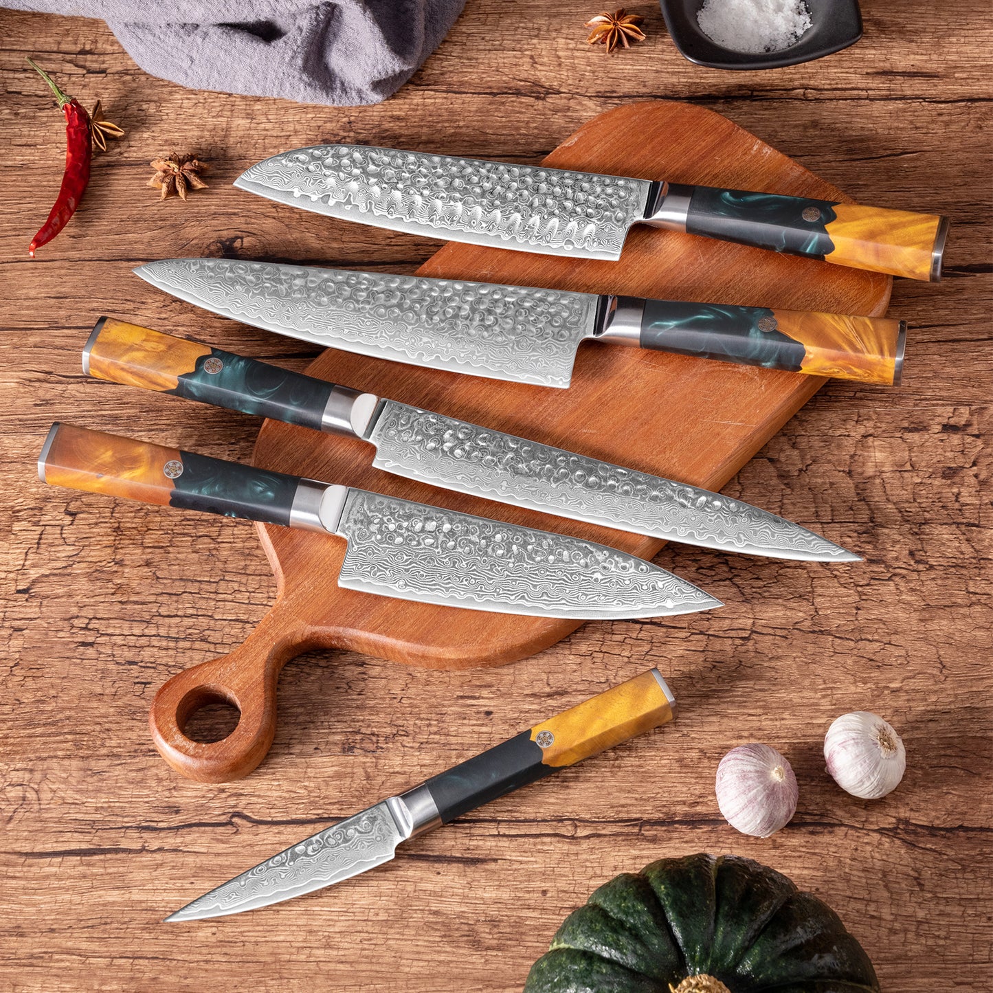 OEM DK-VF Series Resin with Stabilized Wood Handle Damascus VG10 Steel Knife Set