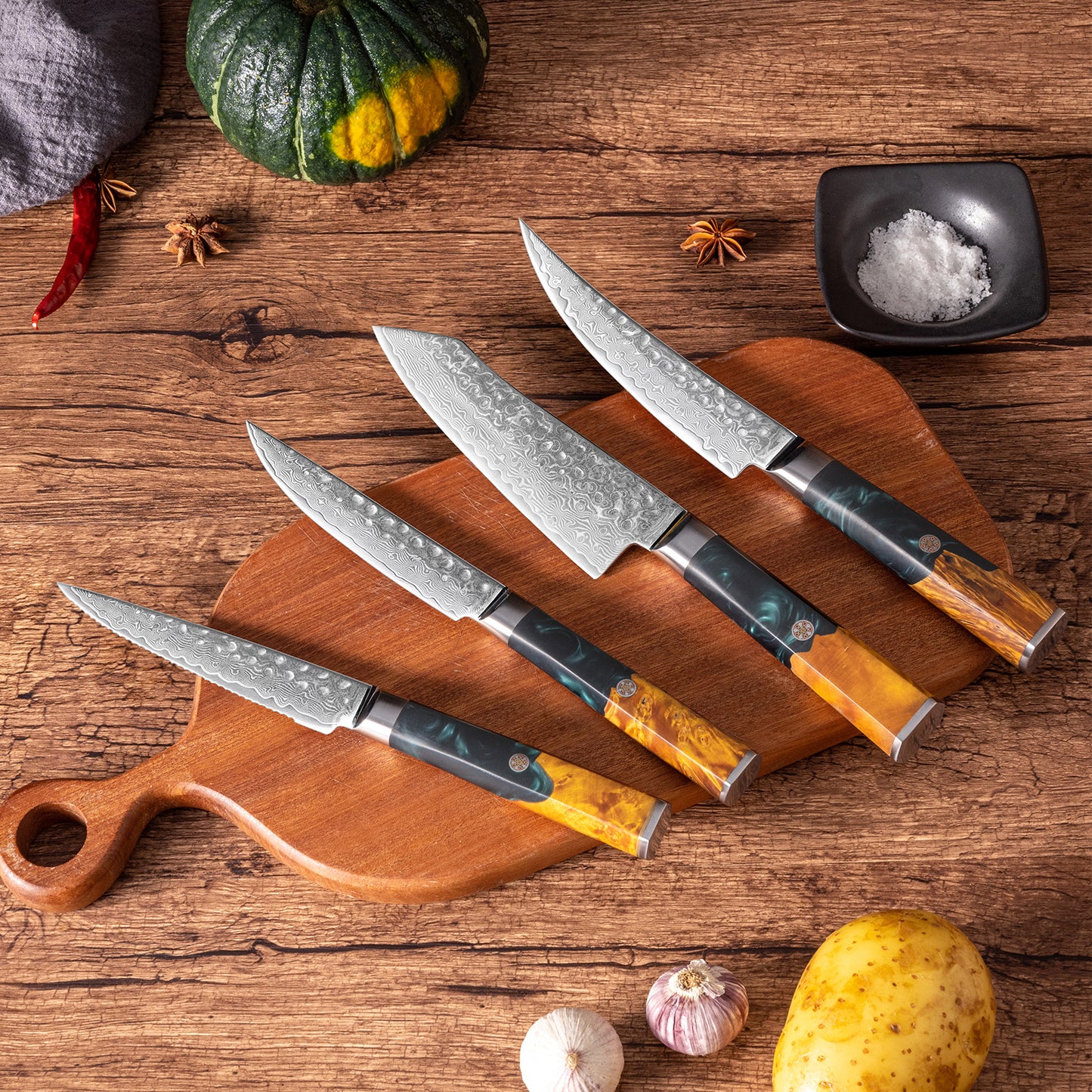 OEM DK-VF Series Resin with Stabilized Wood Handle Damascus VG10 Steel Knife Set