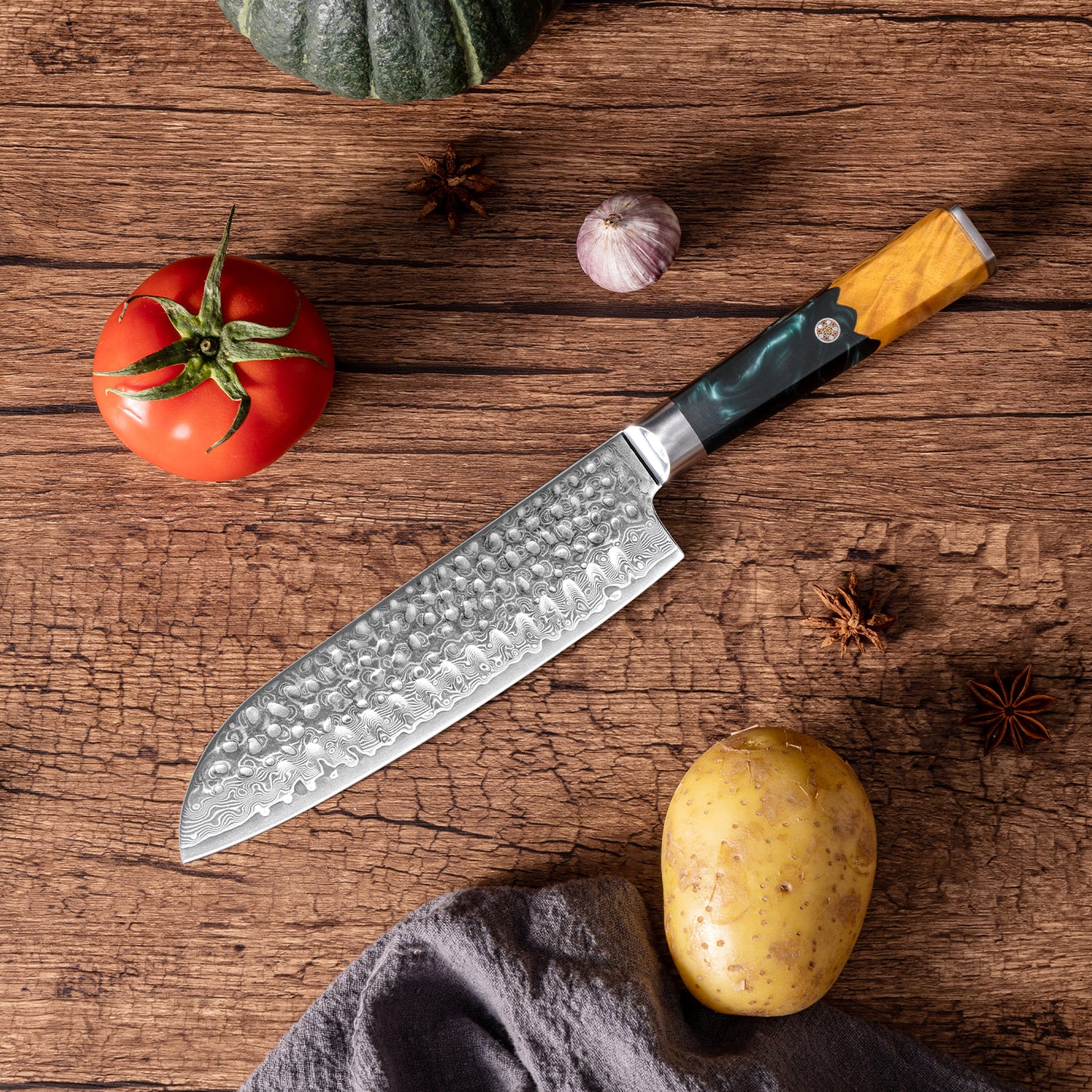 OEM DK-VF Series Resin with Stabilized Wood Handle Damascus VG10 Steel 7" Santoku Knife