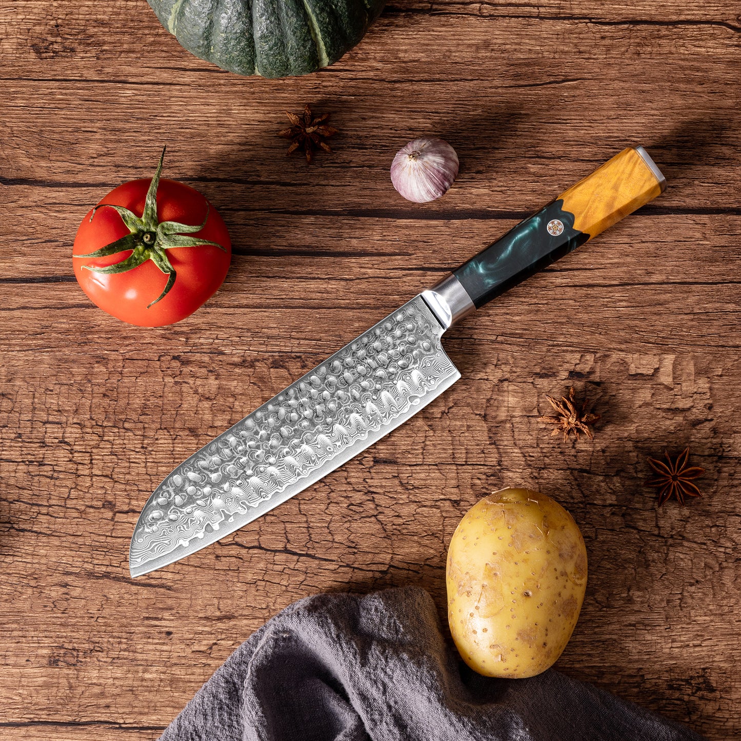 OEM DK-VF Series Resin with Stabilized Wood Handle Damascus VG10 Steel 7" Santoku Knife