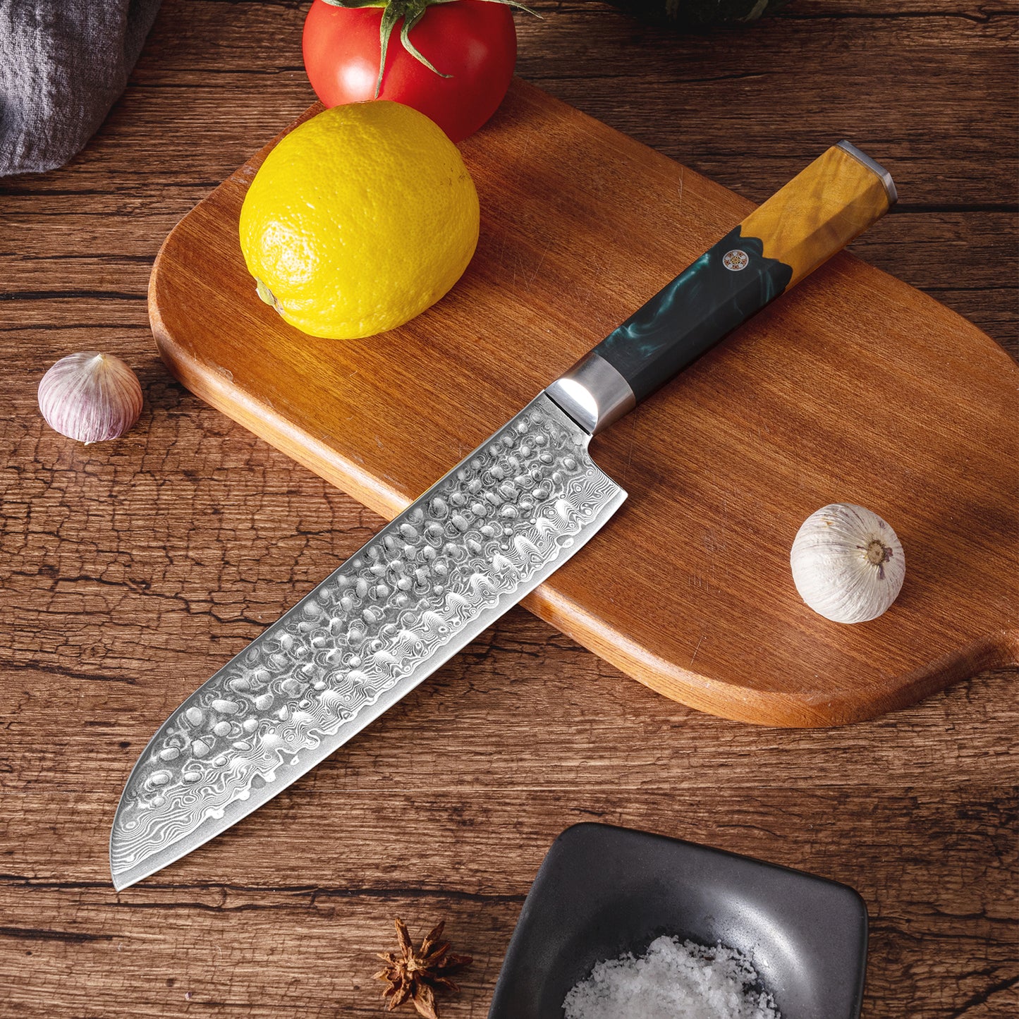OEM DK-VF Series Resin with Stabilized Wood Handle Damascus VG10 Steel 7" Santoku Knife