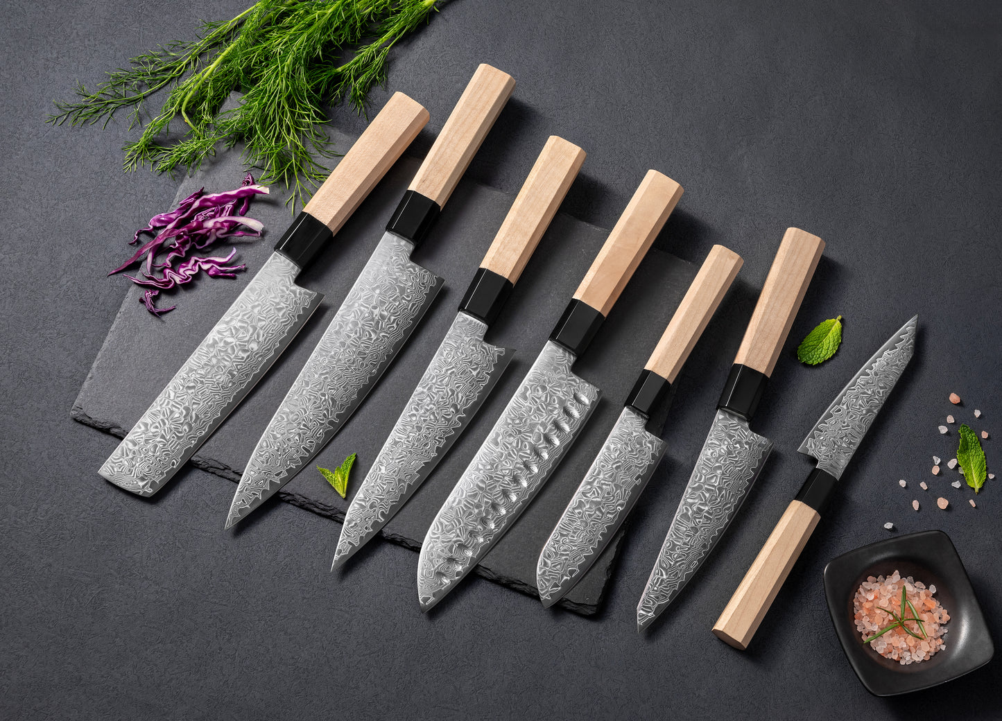 JADE BAY Series Damascus VG10 67 Layers Steel Birch Wood Handle Chef Knife Knife Set