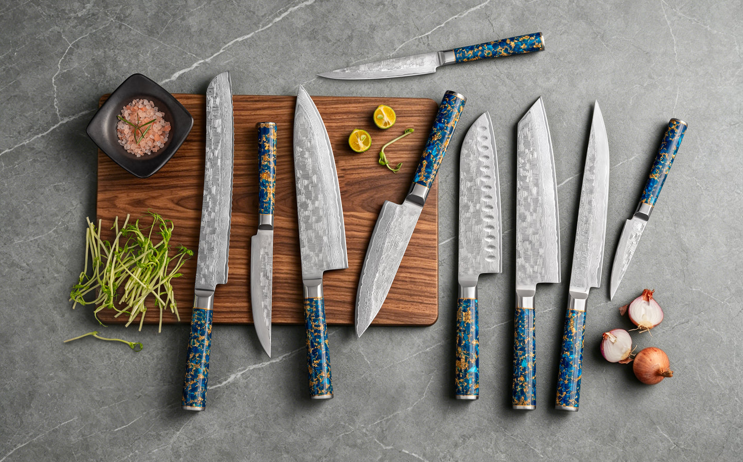 NAVY STORM Damascus VG10 Steel, 67 Layers Blade Resin with Gold Foil Handle Chef Knife Knife Set
