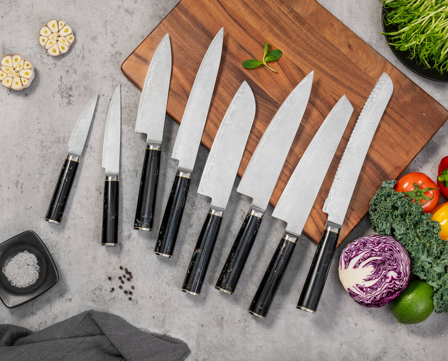 NOVA Series Imported Japanese Damascus AUS10 Steel, 3 Layers Blade Black Resin with Colors Handle Chef Knife Knife Set