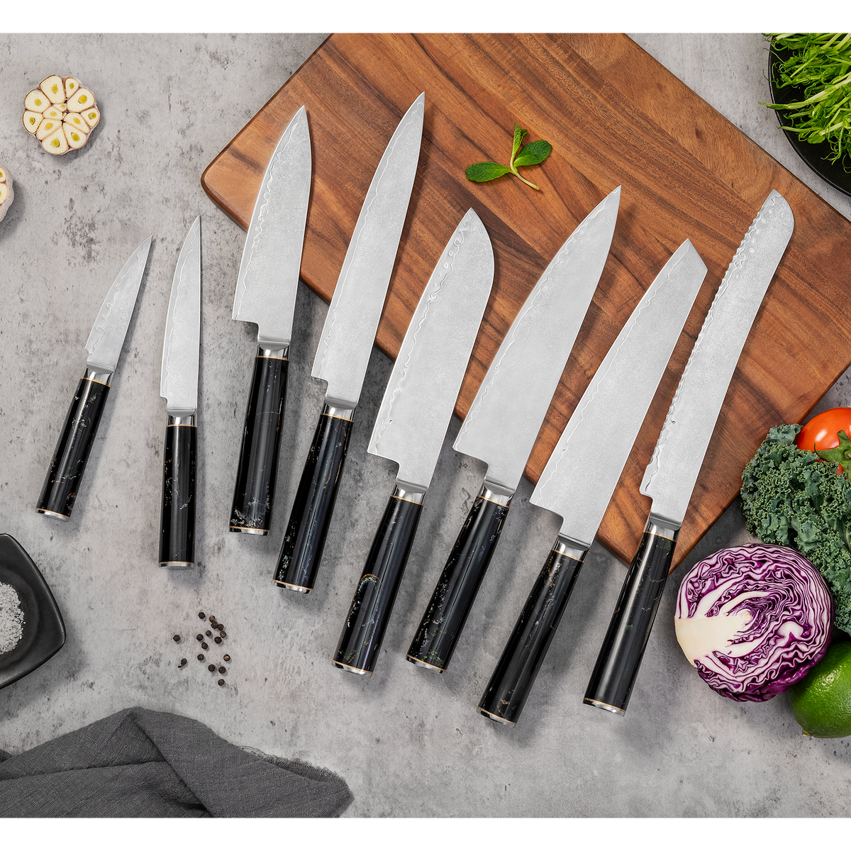 NOVA Series Imported Japanese Damascus AUS10 3 Layers Steel Black Resin with Colors Handle Chef Knife Knife Set