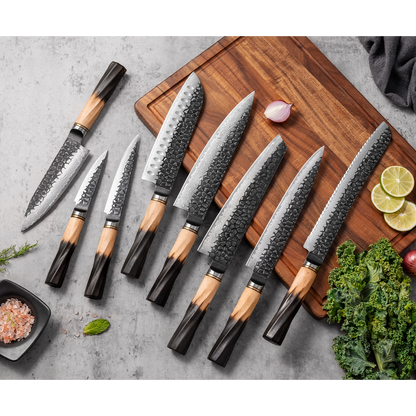 REVO Series Damascus VG10 67 Layers Steel Half Carbonization Olive Wood Handle Santoku Knife