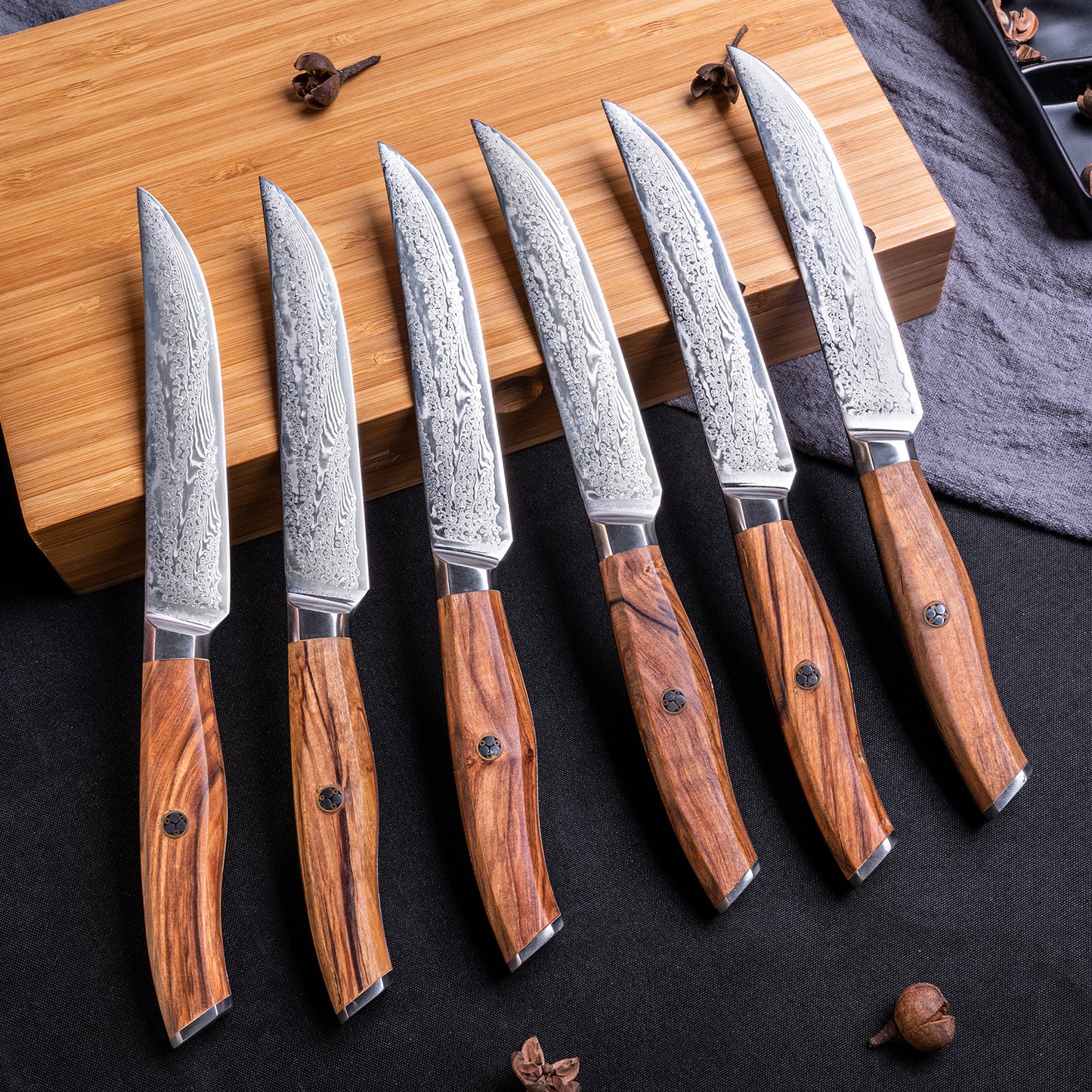 OEM SK-MK Series Olive Wood Handle Damascus VG10 Steel 5''Steak Knife Set
