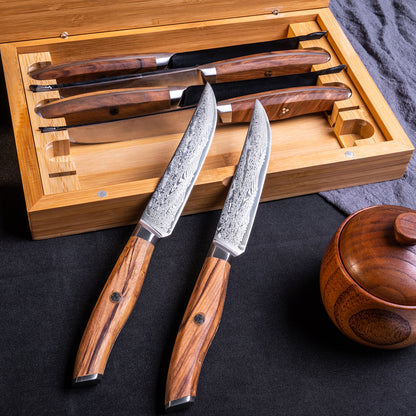 OEM SK-MK Series Olive Wood Handle Damascus VG10 Steel 5''Steak Knife Set