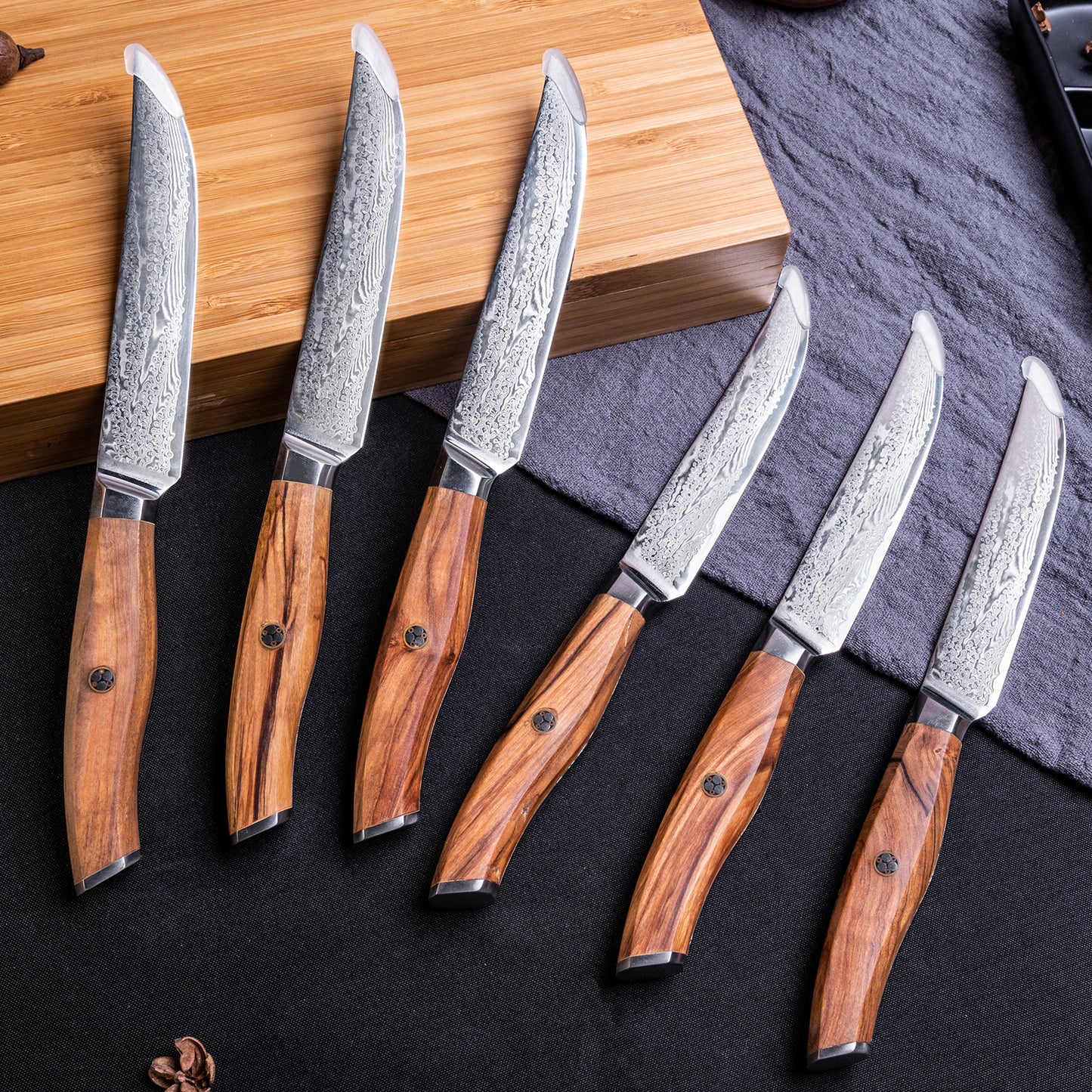 OEM SK-MK Series Olive Wood Handle Damascus VG10 Steel 5''Steak Knife Set